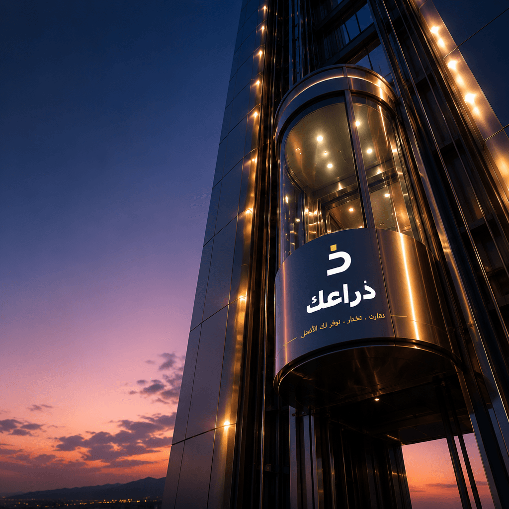Glass elevator ascending a modern building at dusk, branded with Zara3k